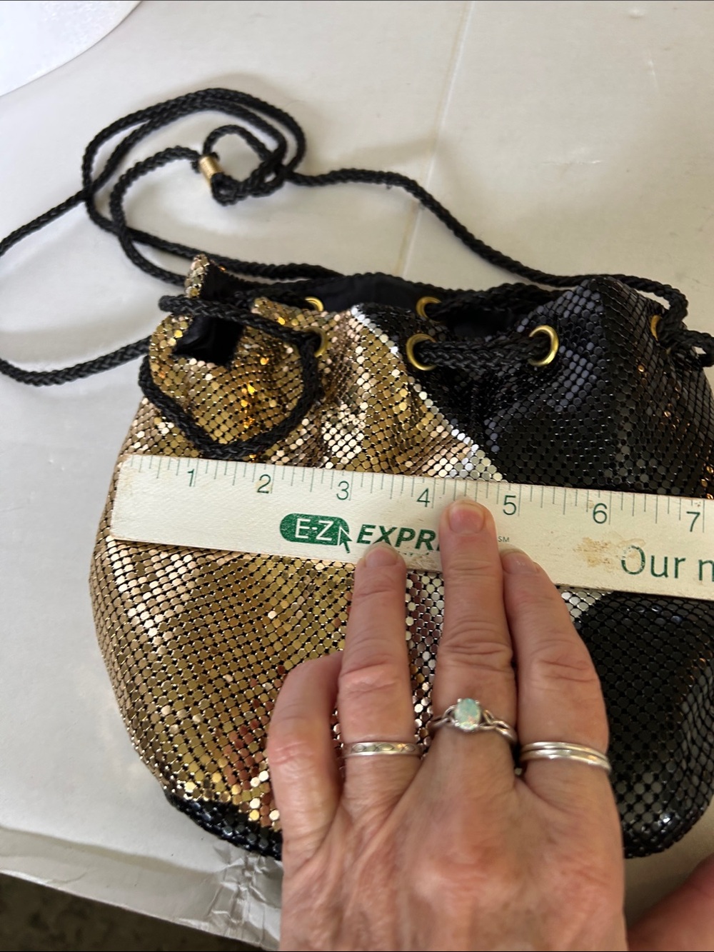 CREATIVE DESIGNS GOLD BLACK METAL MESH DRAWSTRING POUCH OR MINI BUCKET BAG - Picture 11 of 12